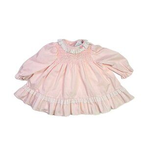 Vintage Baby Girls Size 12M? Polly Flinders Pink Dress Smocked Eyelet Lace